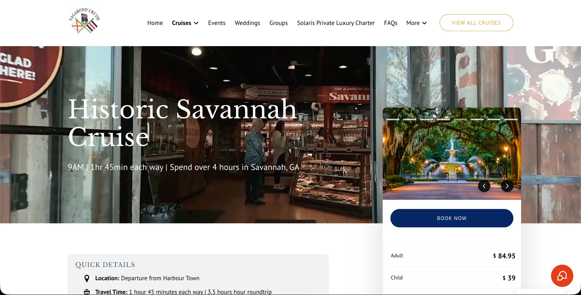 Current Vagabond Historic Savannah Cruise page, top of page